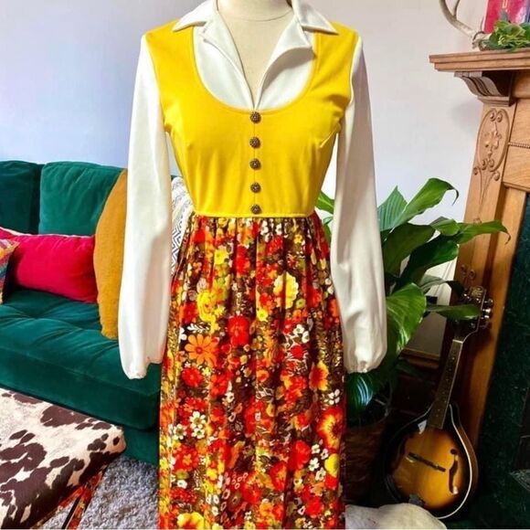 Beyond Babely Vintage 60s 70s DAY GLO Neon Velvet Floral Twofer Style Maxi Dress - Picture 9 of 12